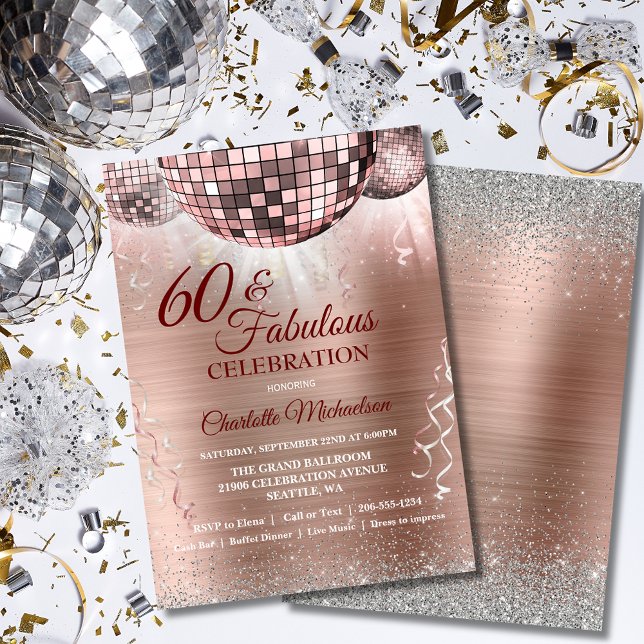 Ro Glitter Glam 60:e födelsedagen Disco Boll Inbjudningar (Rose Gold Glitter Glam 60th Birthday Disco Ball Invitation)
