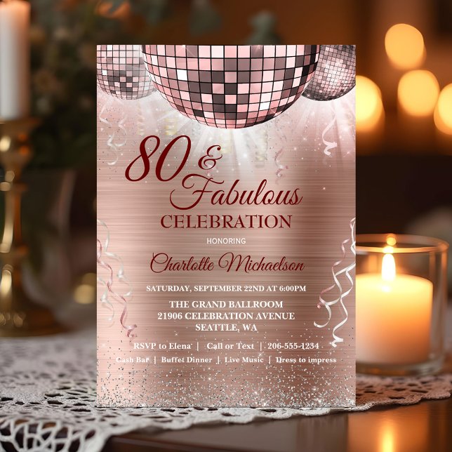Ro Glitter Glam 80:e födelsedagen Disco Boll Inbjudningar (Rose Gold Glitter Glam 80th Birthday Disco Ball Invitation)