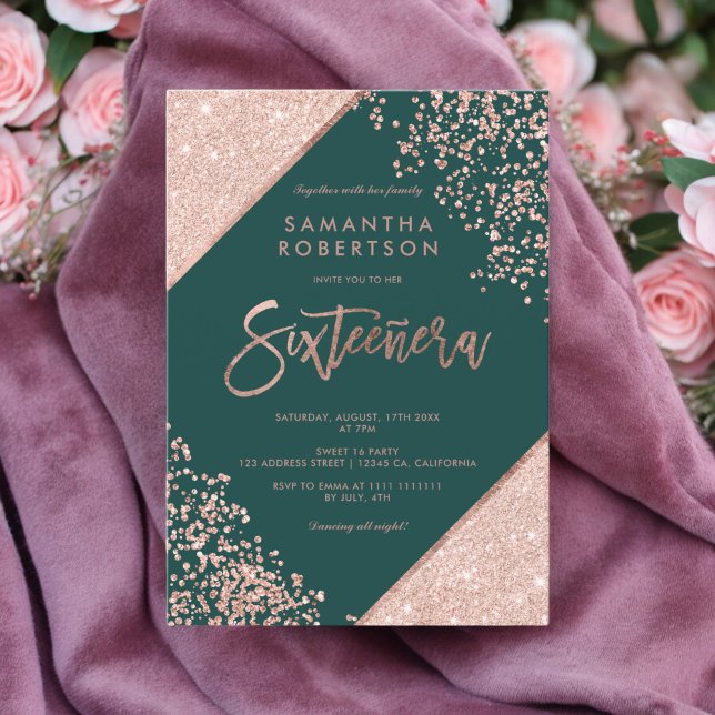 Ro glitter konetti emerald grönt Sweet 16 Inbjudningar (Rose gold glitter confetti emerald green Sweet 16 Invitation)