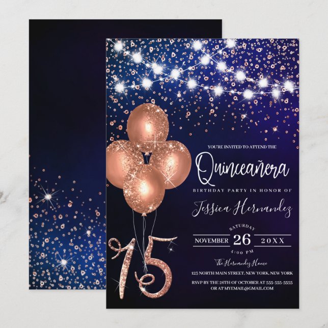 Ro Glitter Konfetti Bubons Light Quinceañera Inbjudningar (Fram/baksida)