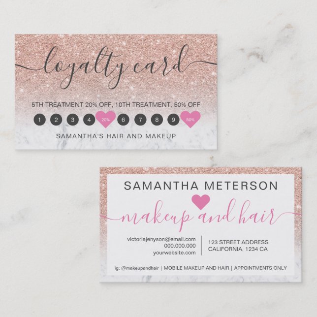 Ro glitter, manusskript makeup marble 10 lo lojalitetskort (Fram/baksida)