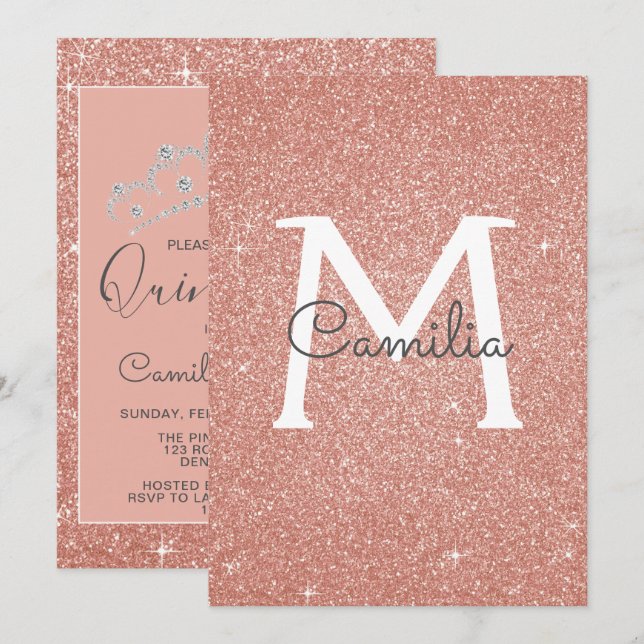 Ro Glitter Monogram Gnistra Quinceanera Inbjudningar (Fram/baksida)