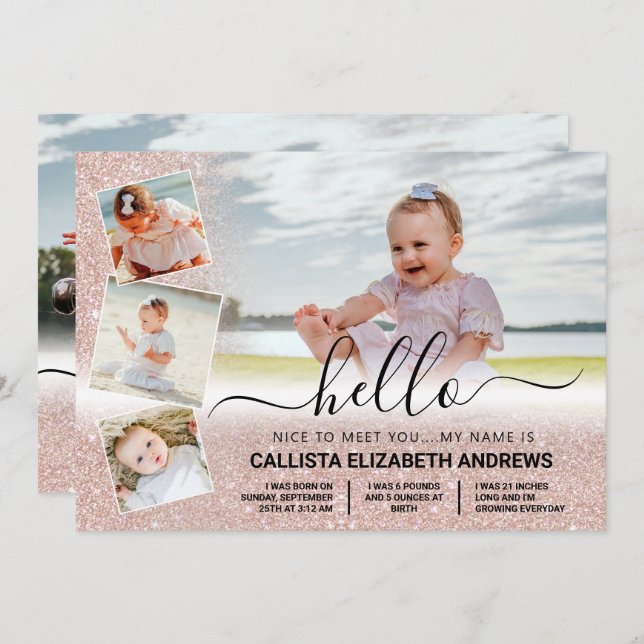Ro Glitter Ombre Birth Photo Collage Meddelande (Fram/baksida)
