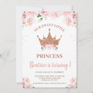 Ro Glitter Princess Krona 1:a födelsedag Inbjudningar