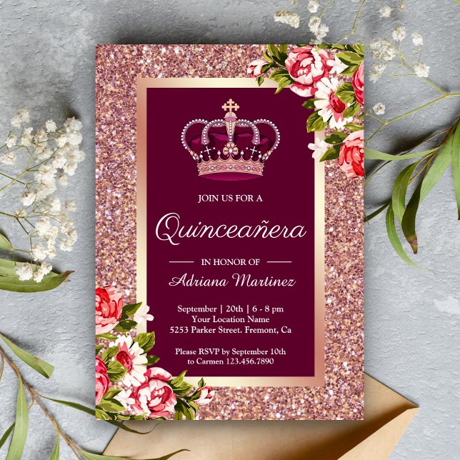 Ro Glitter Princess Rosa Blommigt Quinceanera Inbjudningar (Skapare uppladdad)