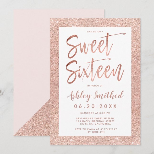 Ro glitter ram guld sweet sixteen  rosa inbjudningar (Fram/baksida)