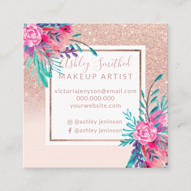 Ro glitter rosa blommigt vattenfärgssammansättning fyrkantigt visitkort (Framsida)