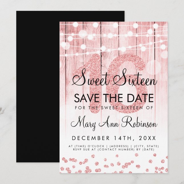 Ro Glitter String Ljus Sweet 16 Spara Date Inbjudningar (Fram/baksida)