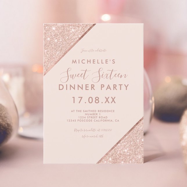 Ro glitter typografi,  foto, söt 16 guld inbjudningar (Rose gold glitter typography blush photo sweet 16 invitation)