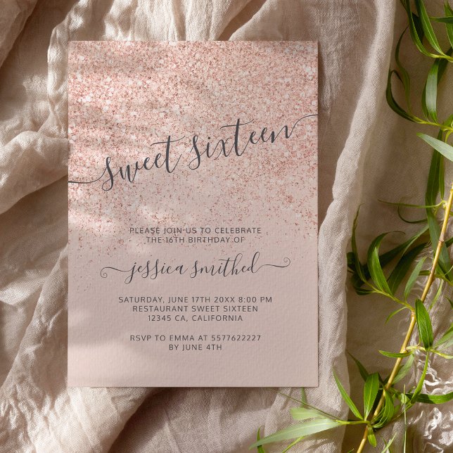 Ro glitter typografi  rosa Söt 16 Inbjudningar (Skapare uppladdad)