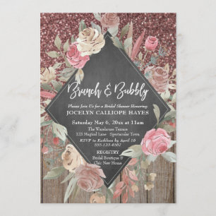 Ro Glitter Wood Blommigt Chalkboard Brunch Bubble Inbjudningar