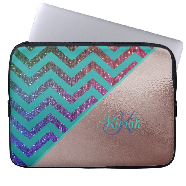 Ro Gold Foil Glittery Chevron Teal Grönt Girly Laptop Fodral (Framsidan)