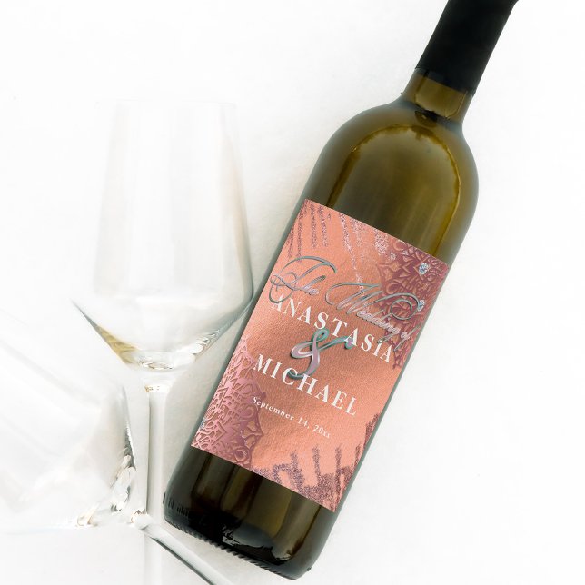 Ro Gold Foil Luxury Glam Elegant Snyggt Bröllop Vinflaska Etikett (Skapare uppladdad)