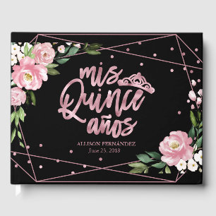 Ro Gold Foil Rosa Black Blommigt Quinceanera Gästböcker