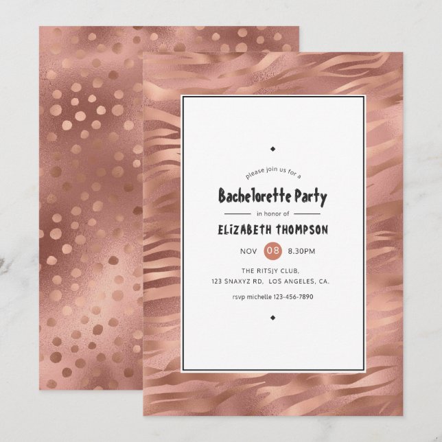 Ro Gold Foil Tiger Rand Bachelorette Party Inbjudningar (Fram/baksida)