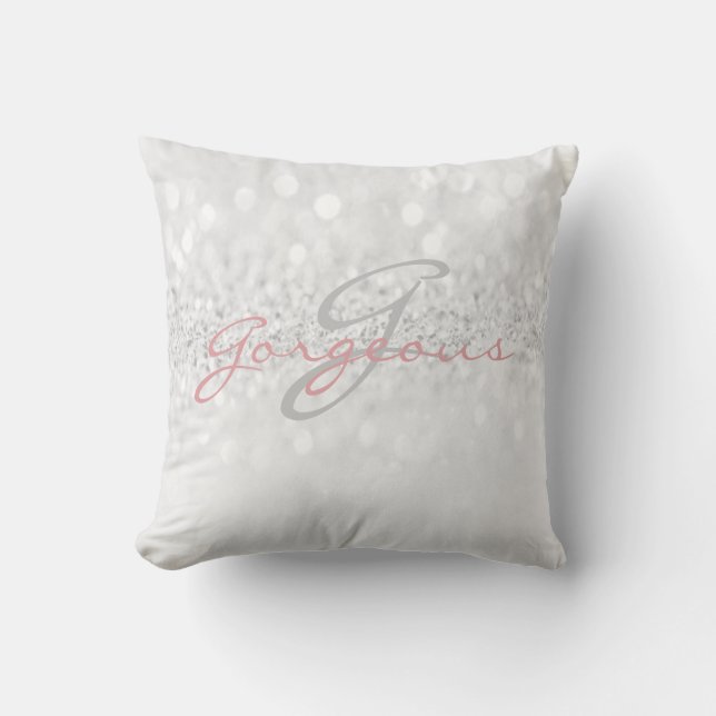 Ro Grått Girly Glitter Silver Monogram Namn Kudde (Framsida)