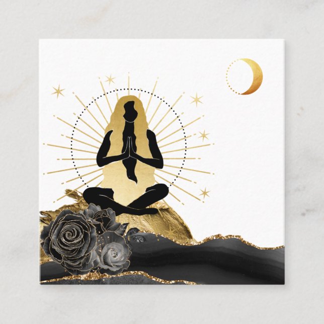 *~* Ro gudinna Black Guld Yoga Måne  Fyrkantigt Visitkort (Framsida)