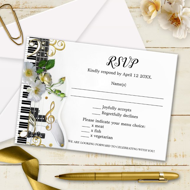 Ro Guitar Music Thated Bröllop OSA Card (Wedding RSVP card featuring a music theme with guitar, keyboard and gold stylized musical notes )
