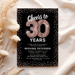 Ro Guld 30års födelsedag Inbjudningar<br><div class="desc">Elegant trettionde födelsedagsfest inbjudan med en snyggt svart bakgrund som kan ändras till vilken som helst färg,  ro guld som helst glitter,  trettio ro guld hellium-ballonger och en modern 30års födelsedag-textmall som är lätt att anpassa.</div>