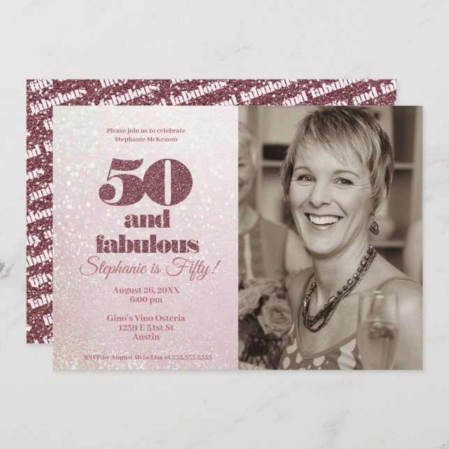 Ro Guld 50 och Fabulous Elegant 50 födelsedag Inbjudningar (Fram/baksida)