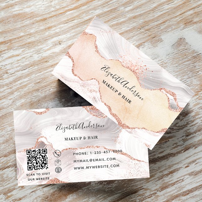 Ro guld agate marble QR code elegant Visitkort (Skapare uppladdad)