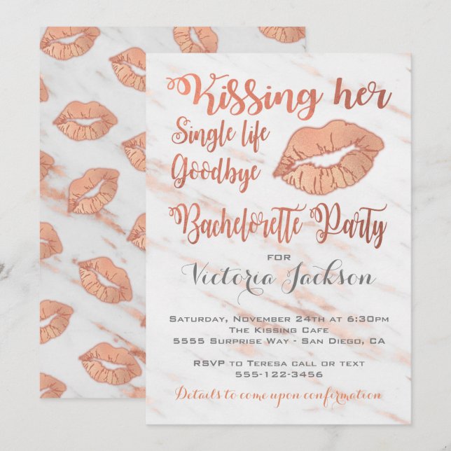 Ro Guld Bachelorette Party Kiss med marmor Inbjudningar (Fram/baksida)