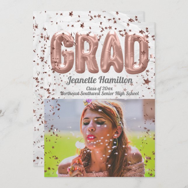 Ro Guld-ballonger Rosa Confetti Girls Studenten Inbjudningar (Fram/baksida)