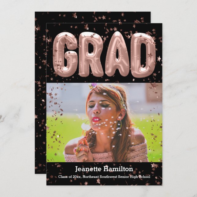 Ro Guld-ballonger Rosa Confetti Girls Studenten Inbjudningar (Fram/baksida)