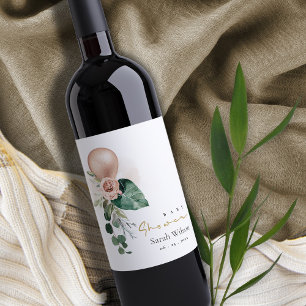 RO GULD BALLOON PEACH BLOMMIGT BUNCH BABY SHOWER VINFLASKA ETIKETT