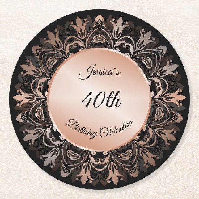 Ro Guld Black Blommigt Mandala  Underlägg Papper Rund (Framsidan)