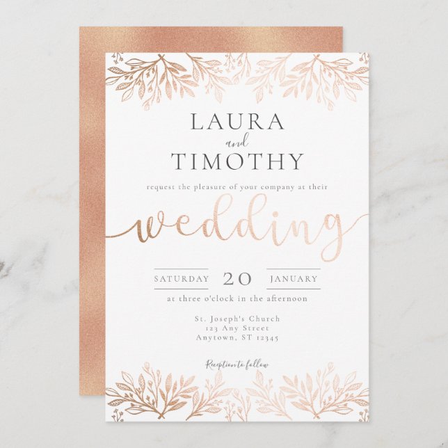 Ro Guld Black Blommigt Rustic Typography Bröllop Inbjudningar (Fram/baksida)