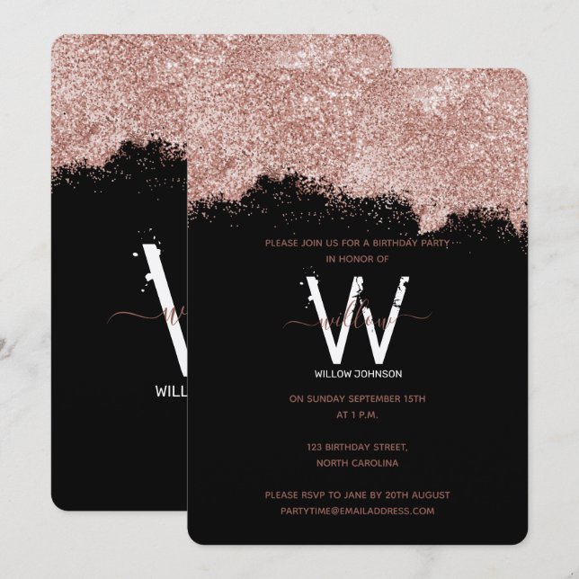 Ro Guld Black Girly Glitter varje år Inbjudningar (Fram/baksida)