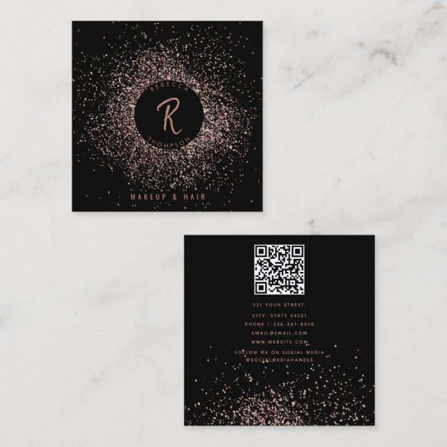Ro Guld Black Glitter Makeup Hair QR-kod Fyrkantigt Visitkort (Fram/baksida)
