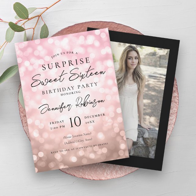 Ro Guld Black Ljus Photo SURPRISE Sweet 16 Inbjudningar (Rose Gold Black Lights Photo SURPRISE Sweet 16 Invitation)