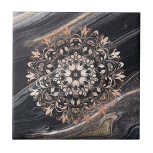 Ro Guld Black Marble Blommigt Mandala  Kakelplatta