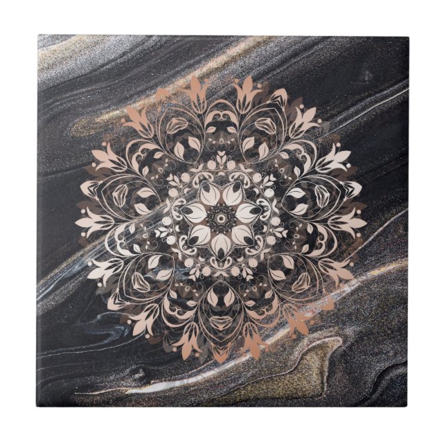 Ro Guld Black Marble Blommigt Mandala  Kakelplatta (Framsidan)