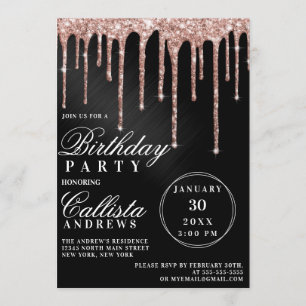 Ro Guld Black Metallic Glitter Drives Birthday Inbjudningar