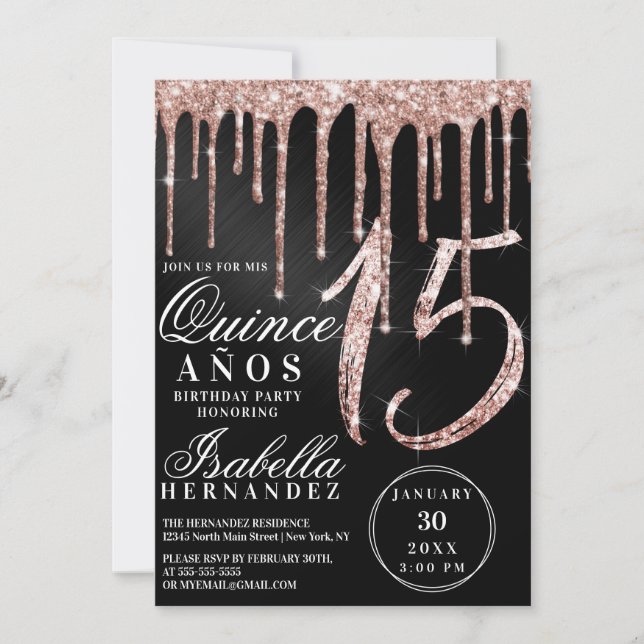 Ro Guld Black Metallic Glitter Drives Quinceañera Inbjudningar (Framsida)