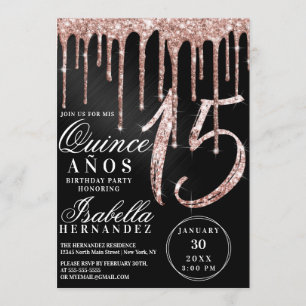 Ro Guld Black Metallic Glitter Drives Quinceañera Inbjudningar