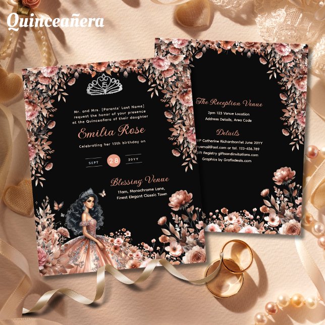 Ro Guld Black Quinceanera Dress Blommigt Rosor (Skapare uppladdad)