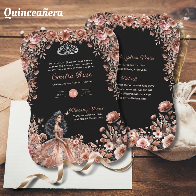 Ro Guld Black Quinceanera Dress Blommigt Rosor Inbjudningar (Skapare uppladdad)