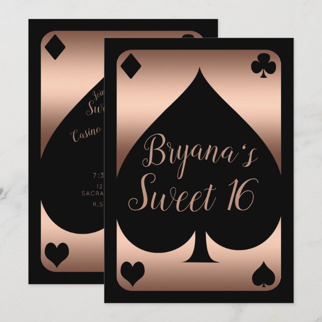 Ro Guld & Black Spade Glam Casino Sweet 16 Party Inbjudningar (Fram/baksida)