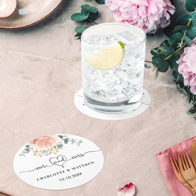 Ro guld blomgreenery, fru bröllop underlägg papper rund (Skapare uppladdad)