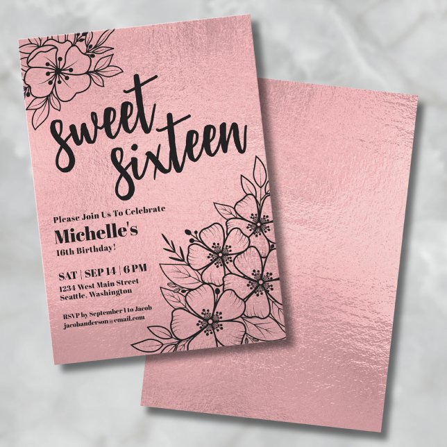 Ro Guld Blommigt 16:e födelsedagen Inbjudningar (Rose Gold Floral 80th Birthday Party Invitation)