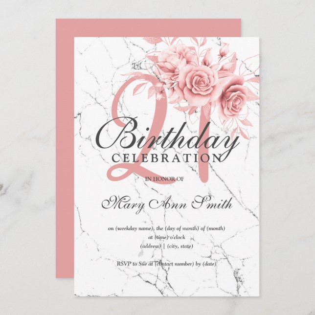 Ro Guld Blommigt 21:a födelsedagen Party Marble  Inbjudningar (Fram/baksida)