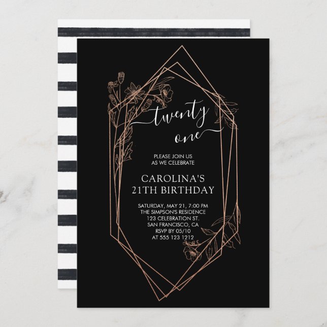 Ro Guld Blommigt 21:e födelsedagen Inbjudningar (Fram/baksida)