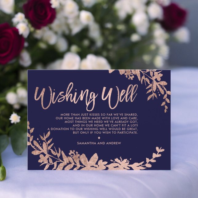 Ro Guld, blommigt av typografi Tilläggskort (Rose Gold typography floral navy blue wishing well Enclosure Card)