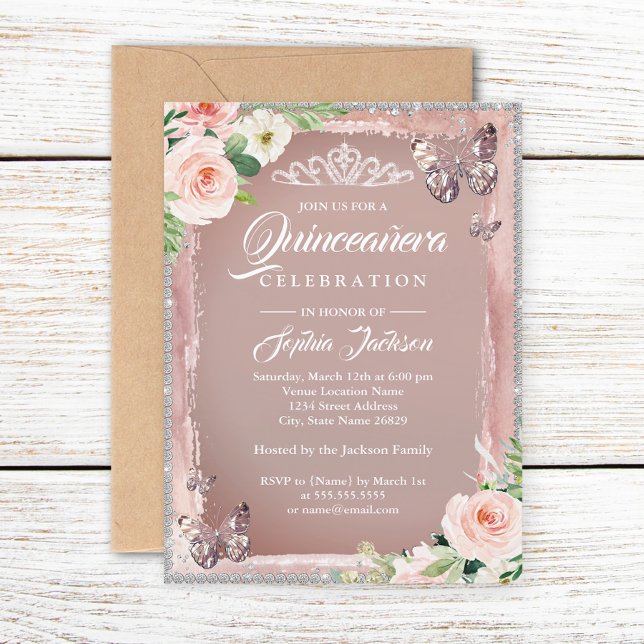 Ro Guld Blommigt Butterfly Gnistra Quinceanera Inbjudningar (Skapare uppladdad)