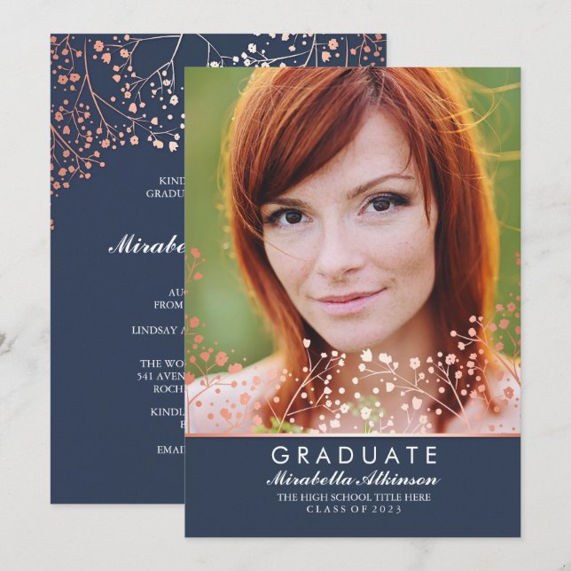 Ro Guld Blommigt Elegant Navy Photo Studenten Inbjudningar (Fram/baksida)