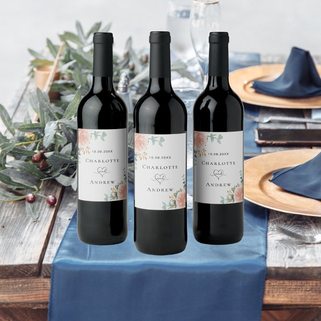 Ro guld blommigt eucalyptus greenery bröllop vinflaska etikett (Skapare uppladdad)